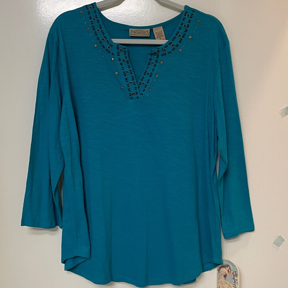 Art and Soul Embellished Teal Women's Top. Black embroidery and bronze beads.
